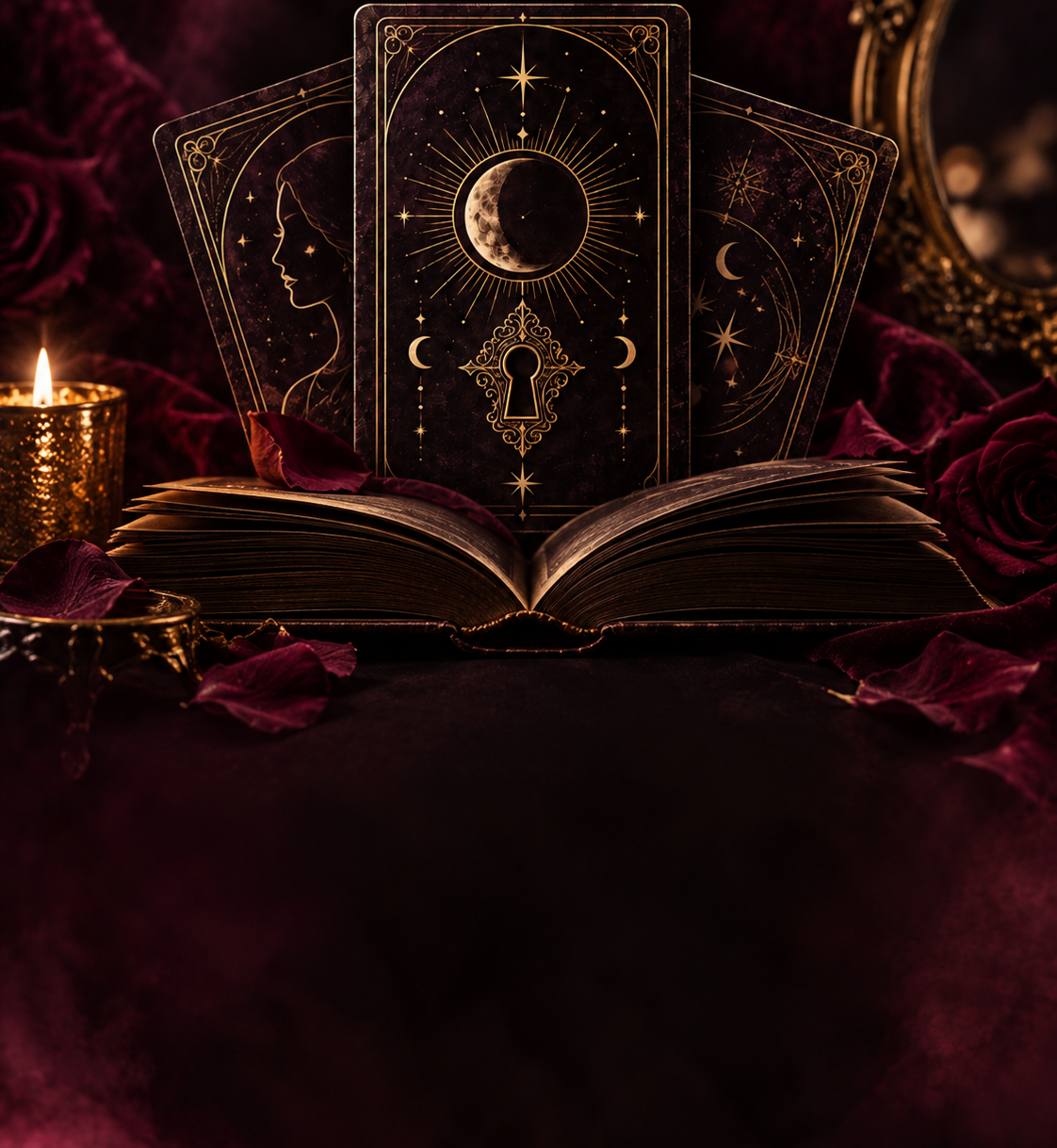 A dark, moody tabletop scene with an open antique-style book, three fanned tarot cards featuring celestial moon and star designs, a lit gold candle, scattered rose petals, and deep burgundy fabric in the background.